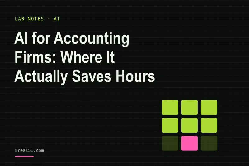 Typographic cover reading 'AI for Accounting Firms: Where It Actually Saves Hours' on a dark lab-grid background