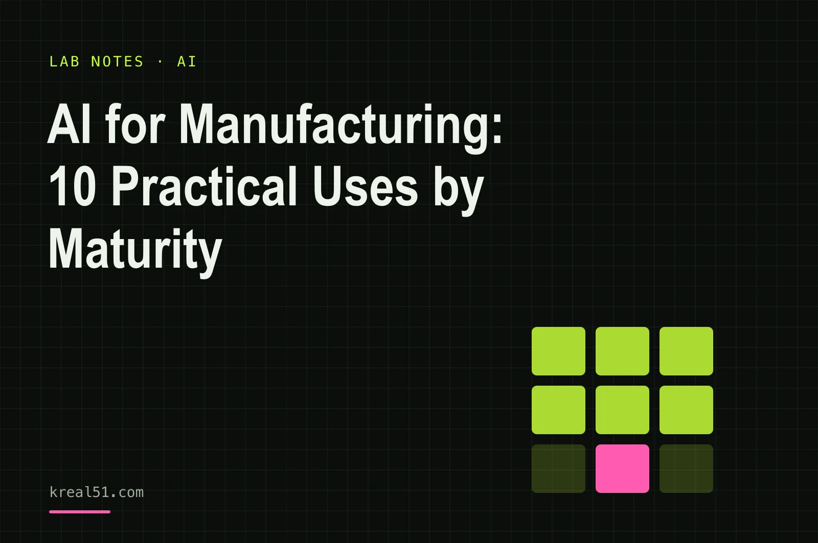 Typographic cover reading 'AI for Manufacturing: 10 Practical Uses by Maturity' on a dark lab-grid background