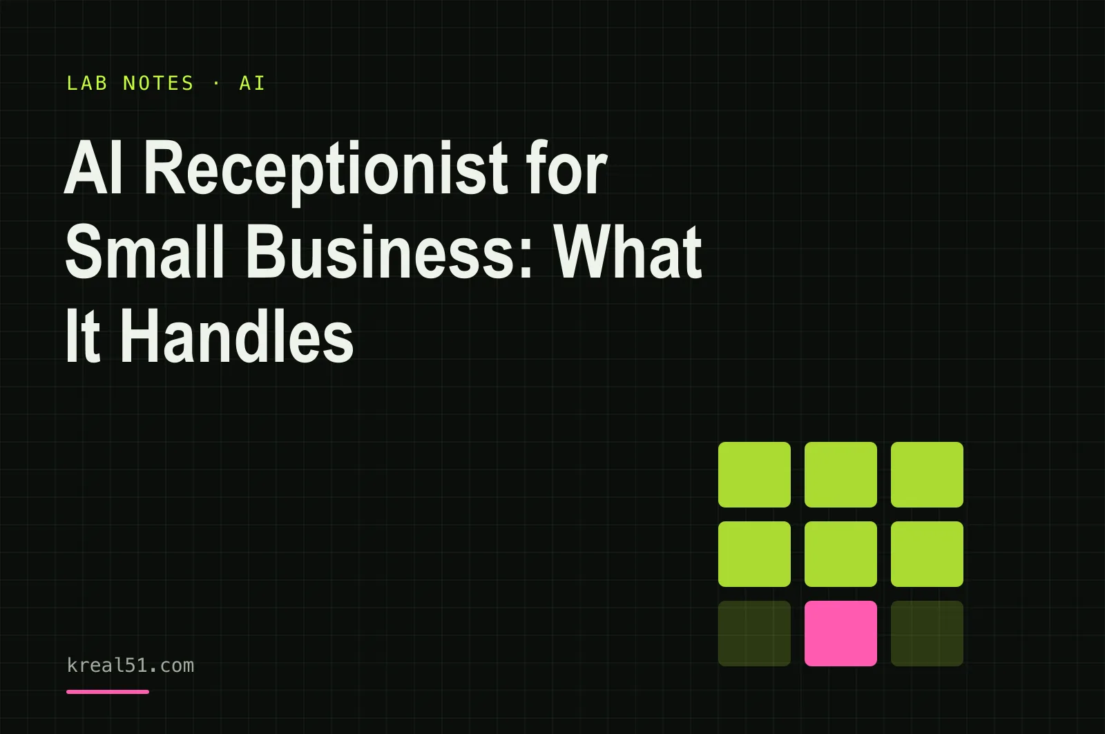 Typographic cover reading 'AI Receptionist for Small Business: What It Handles' on a dark lab-grid background