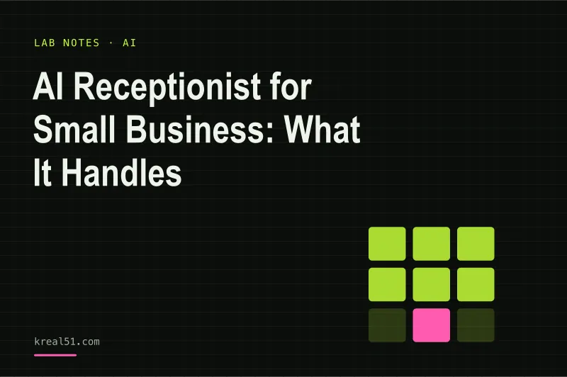 Typographic cover reading 'AI Receptionist for Small Business: What It Handles' on a dark lab-grid background