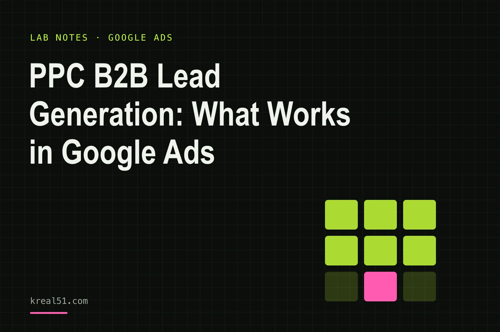 Dunkle typografische Titelkarte des Artikels über Google Ads im B2B und Leadgenerierung
