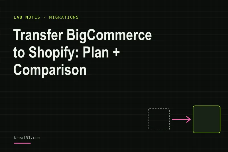 Illustrated lab crate moving a BigCommerce catalog onto a Shopify shelf