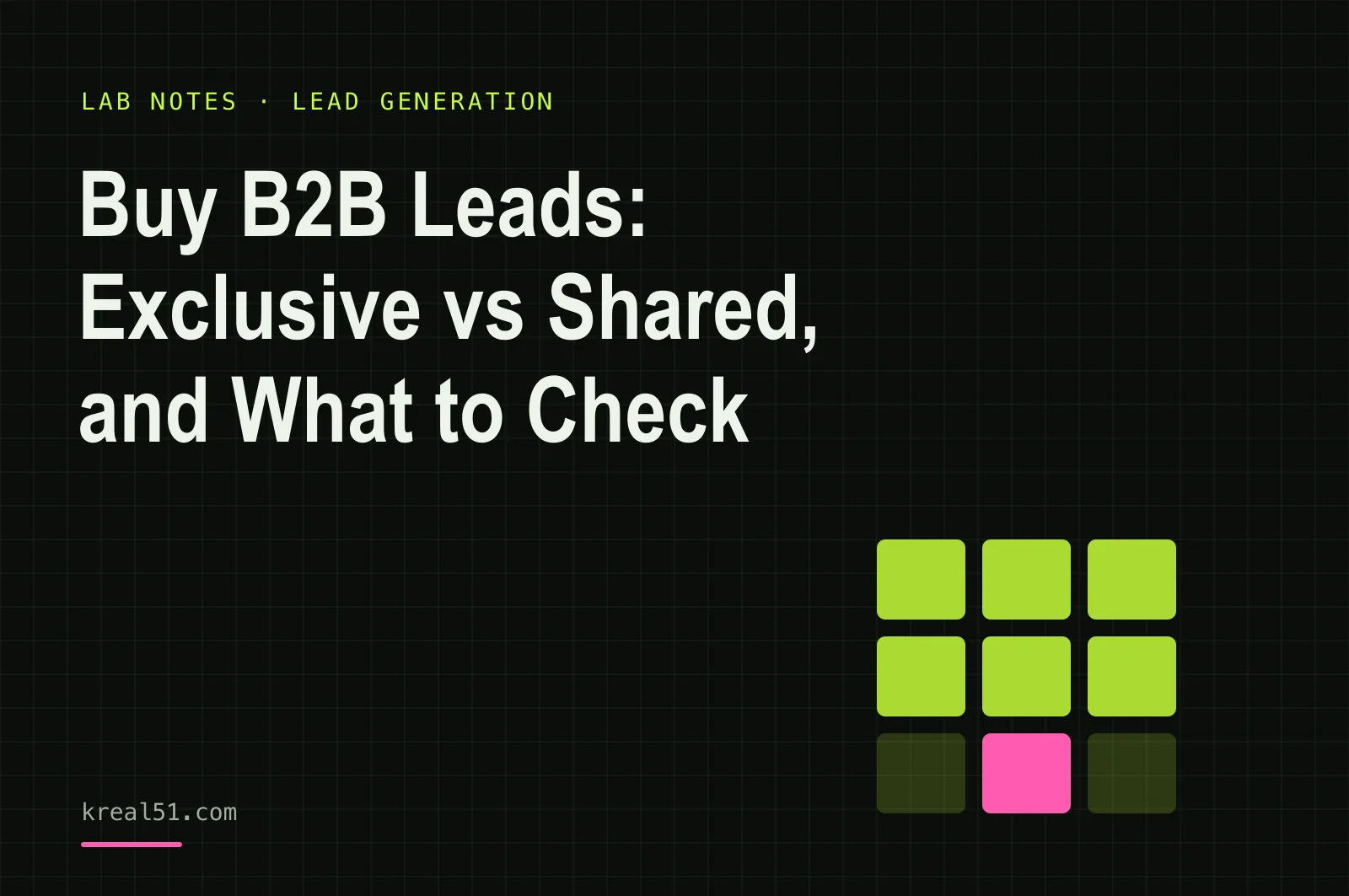 Typographic cover reading 'Buy B2B Leads: Exclusive vs Shared, and What to Check' on a dark lab-grid background