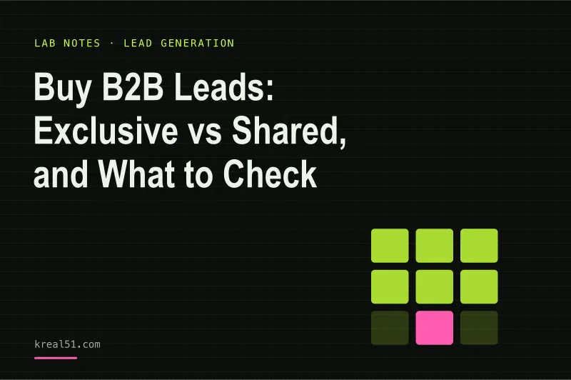 Typographic cover reading 'Buy B2B Leads: Exclusive vs Shared, and What to Check' on a dark lab-grid background