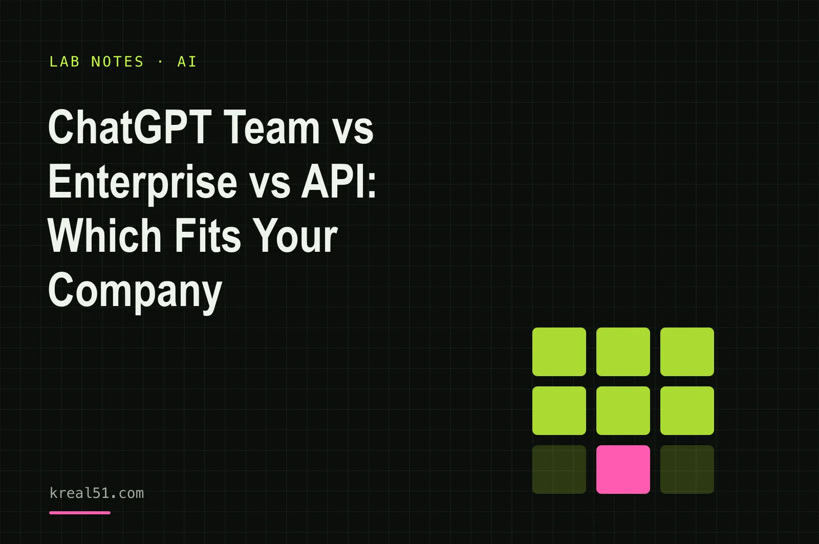 Typographic cover reading 'ChatGPT Team vs Enterprise vs API: Which Fits Your Company' on a dark lab-grid background