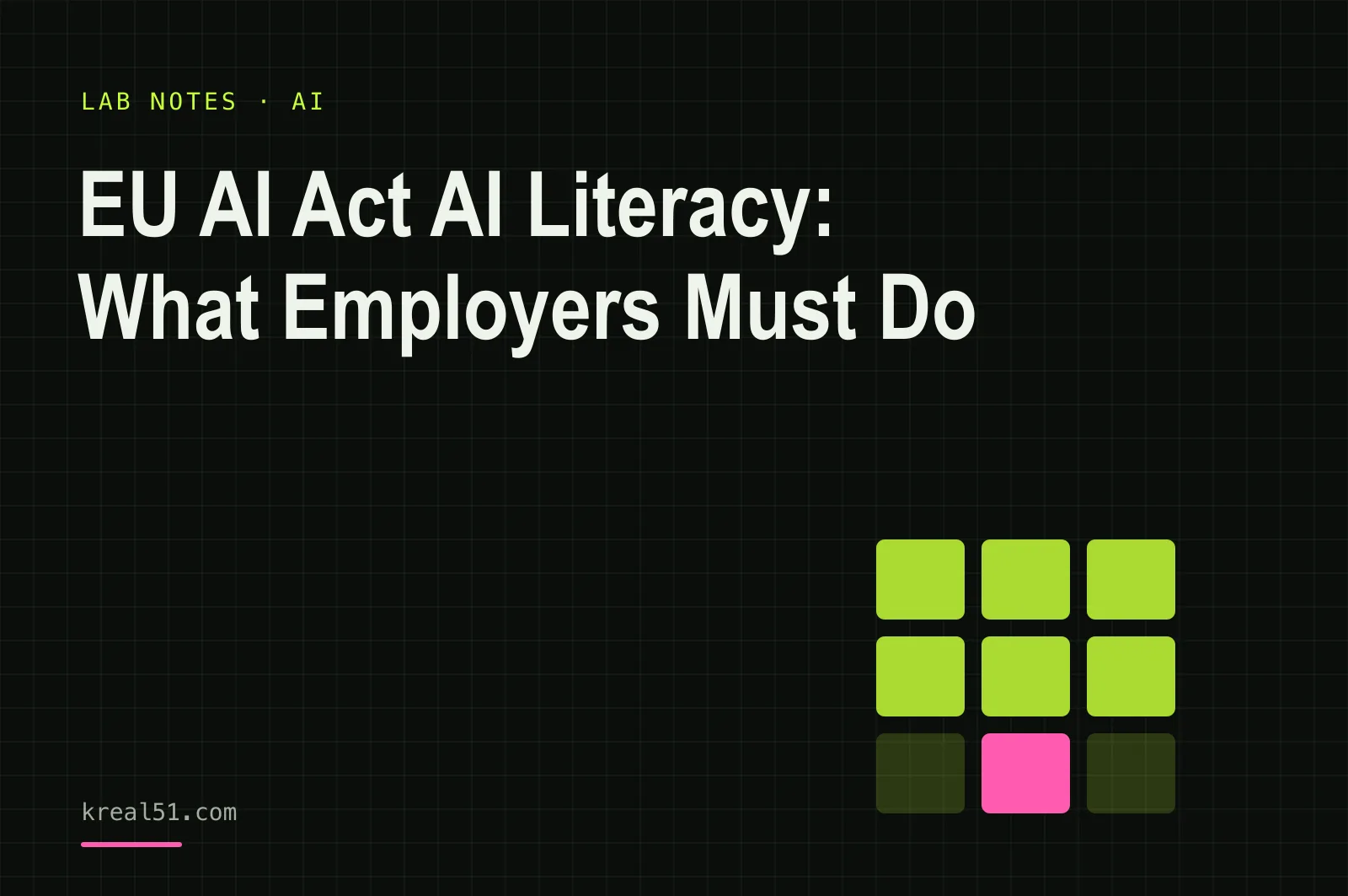 Typographic cover reading 'EU AI Act AI Literacy: What Employers Must Do' on a dark lab-grid background