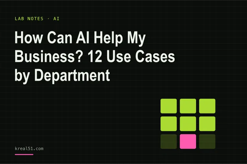 Typographic cover reading 'How Can AI Help My Business? 12 Use Cases by Department' on a dark lab-grid background