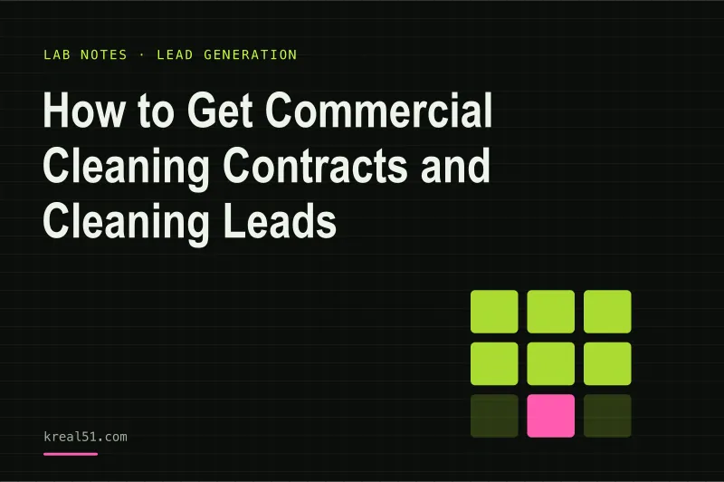Typographic cover reading 'How to Get Commercial Cleaning Contracts and Cleaning Leads' on a dark lab-grid background