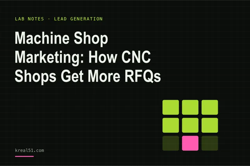 Typographic cover reading 'Machine Shop Marketing: How CNC Shops Get More RFQs' on a dark lab-grid background