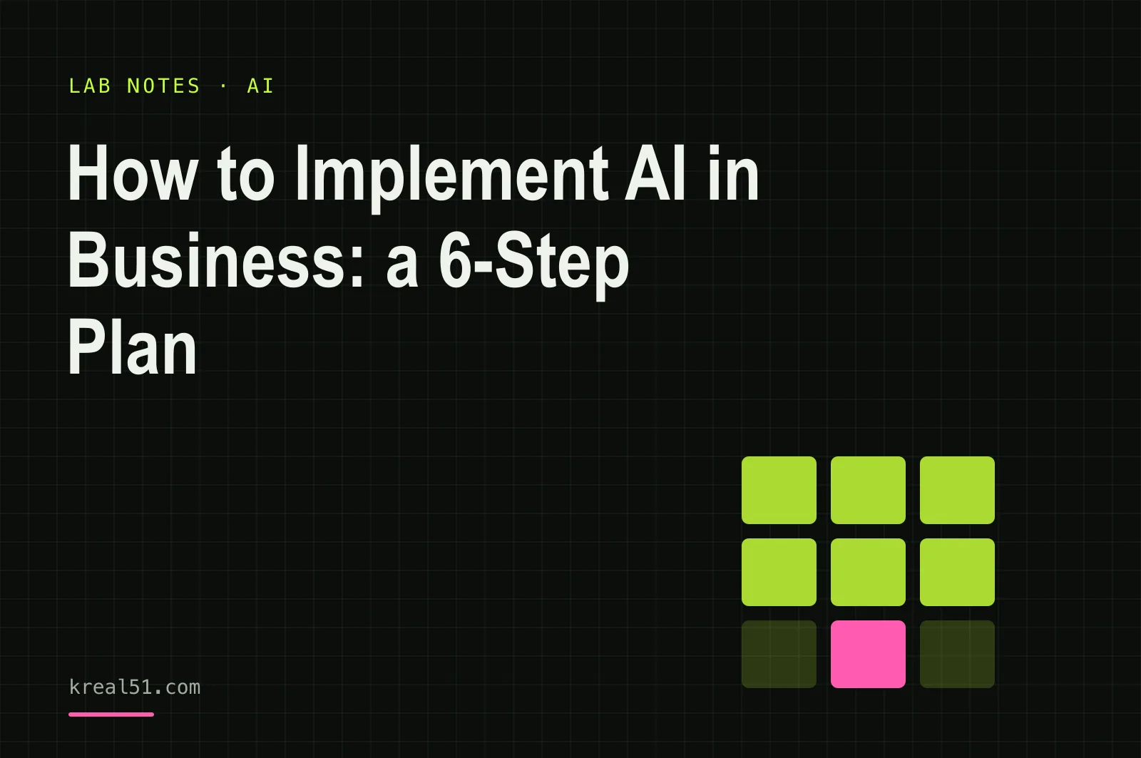 Typographic cover reading 'How to Implement AI in Business: a 6-Step Plan' on a dark lab-grid background