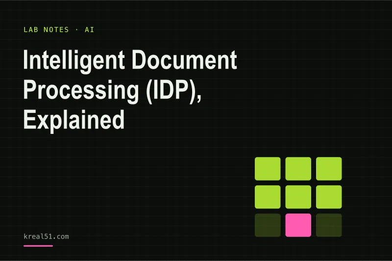 Typographic cover reading 'Intelligent Document Processing (IDP), Explained' on a dark lab-grid background