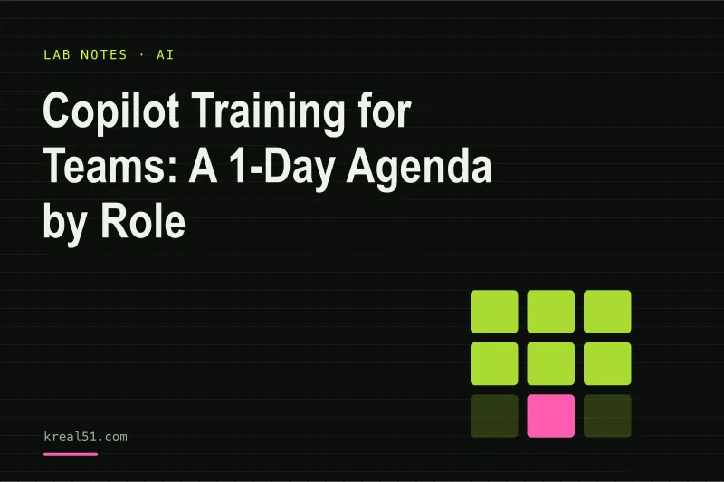 Typographic cover reading 'Copilot Training for Teams: A 1-Day Agenda by Role' on a dark lab-grid background