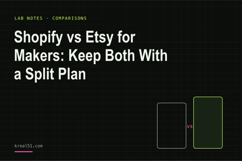 Tarjeta de portada oscura con el título del artículo Shopify vs Etsy para artesanos y un pequeño icono