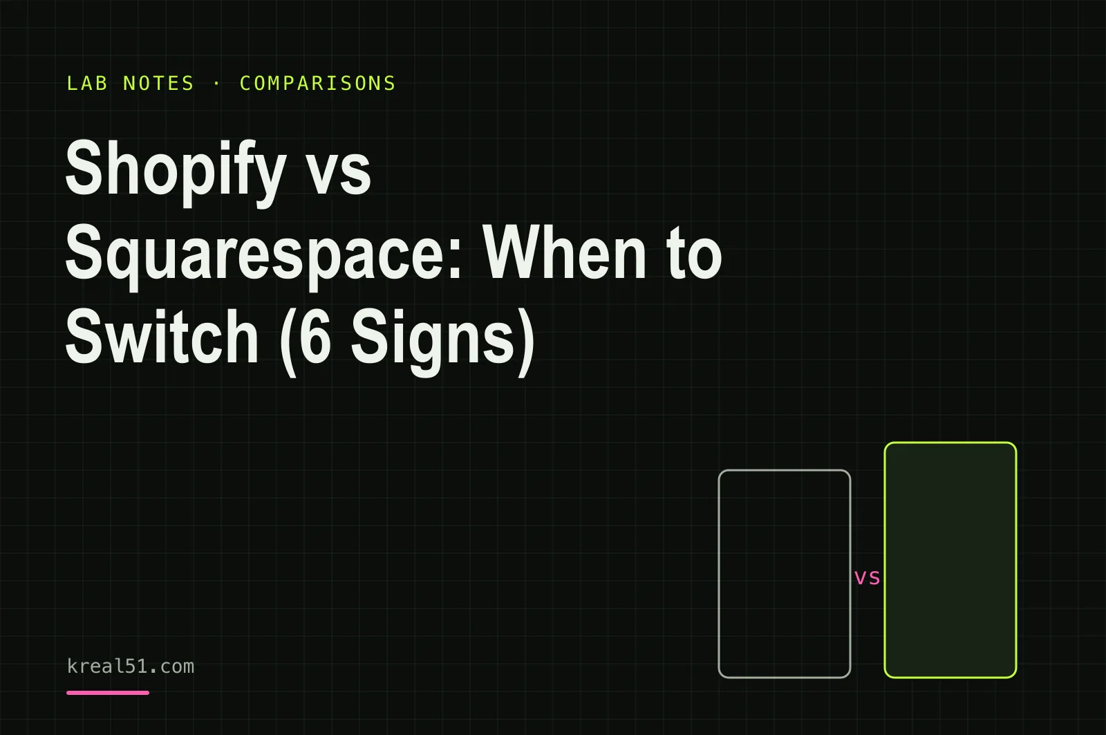 Dunkle typografische Titelkarte des Artikels „Shopify oder Squarespace“ mit kleinem Symbol