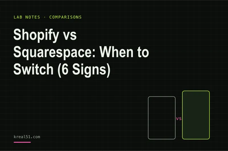 Tarjeta de portada oscura con el título del artículo Shopify vs Squarespace y un pequeño icono