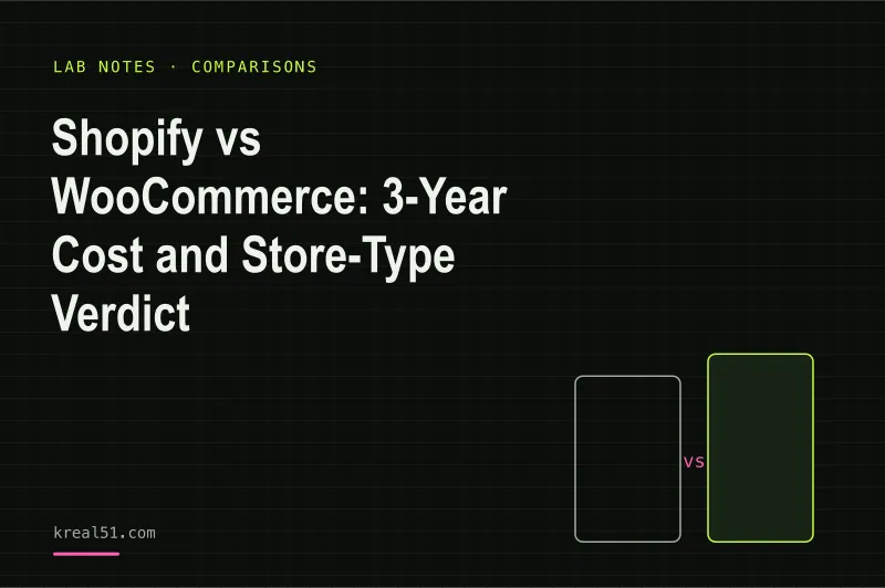 Tarjeta de portada oscura con el título del artículo Shopify vs WooCommerce y un pequeño gráfico