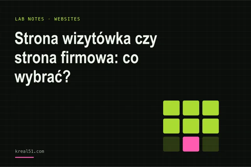 Ciemna karta tytułowa artykułu o wyborze między stroną wizytówką, stroną firmową a landing page