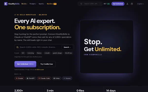 Página de inicio de KissMySkills, una tienda Shopify que creamos y llevamos